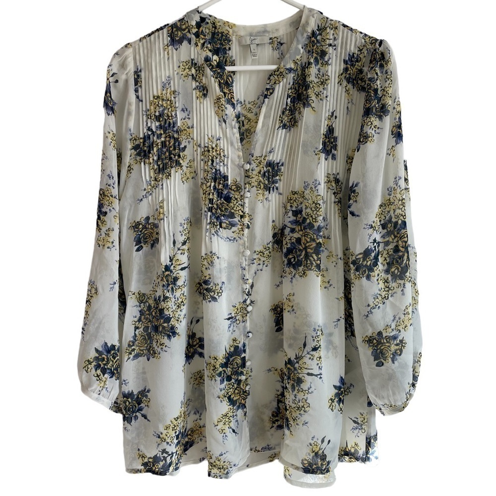 Joie Porcelain Laurel B Floral Silk Pleated Blouse, Size